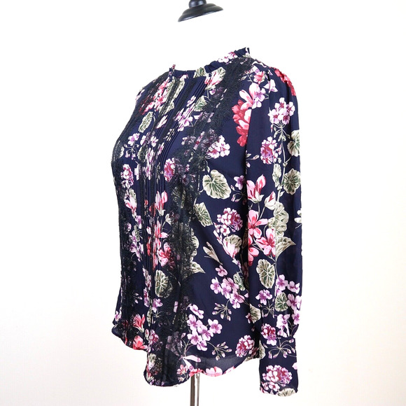Ann Taylor Size M Lace Pleated Front Blouse Floral Print Navy Pink - Picture 1 of 11